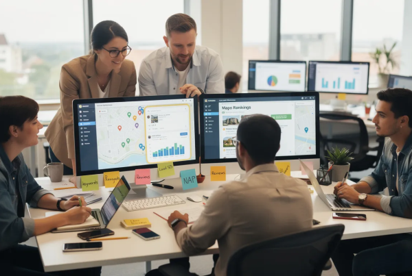 A diverse team of social media specialists collaborates in a modern agency office, focused on content creation and developing effective social media strategies. They utilize digital marketing services to enhance their clients' social media presence across various platforms, aiming for impactful marketing outcomes.