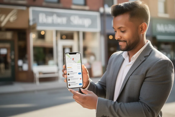 A business owner is intently reviewing local search results on their smartphone, while local businesses